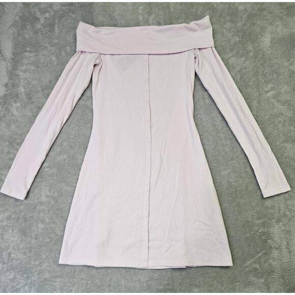 New Women's Off The Shoulder Long Sleeve Button Up Dress Pink Size Small - Picture 1 of 2